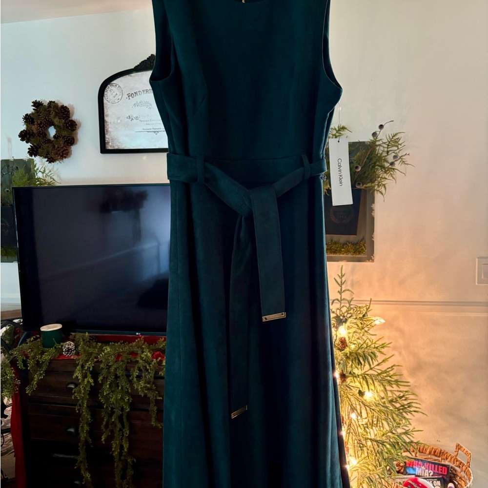 Wow Calvin Klein Hunter Green Belted Maxi Dress 10 Suede like